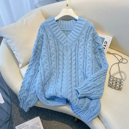Damen Grobstrick Pullover mit Zopfmuster und V-Ausschnitt – Winter Must-Have, Lässiger Stil, Ideal für Alltag und Layering