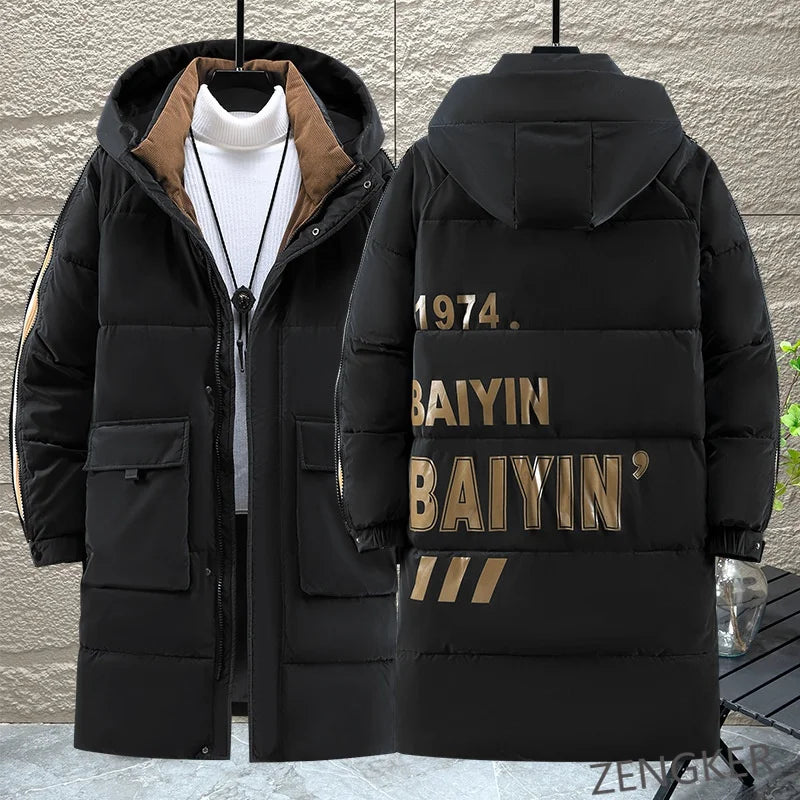 Herren Winterparka Schwarz Lang Gepolstert mit Kapuze