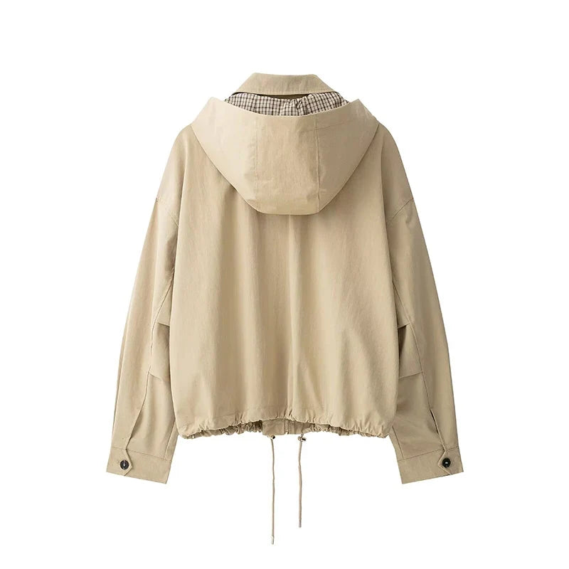 Damen Hoodiejacke Beige mit kariertem Futter