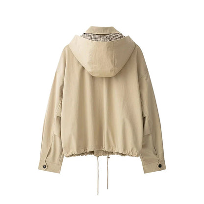 Damen Hoodiejacke Beige mit kariertem Futter