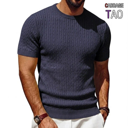 Herren Kurzarm Pullover Rundhals Strick mit Zopfmuster Marineblau
