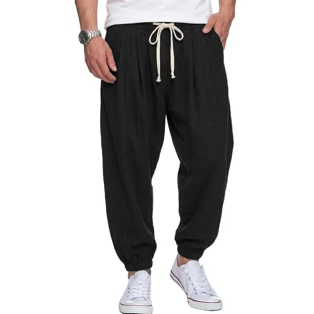 Freizeithose Herren Leinen-Optik Kordelzug lockere Passform Elastikbund