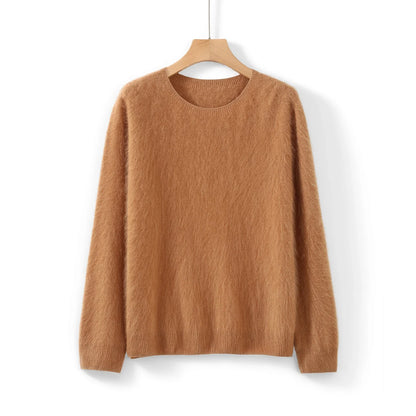 Damen Pullover flauschig weich Rundhalsausschnitt Langarm Strickpullover
