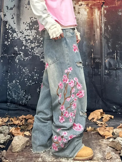 Loose Fit Jeans Damen Weite Bein Sakura-Stickerei Zerrissenes Design