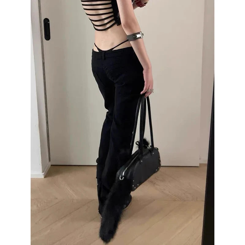 Damen Schlaghose Schwarz mit Nieten Niedriger Bund Weites Bein