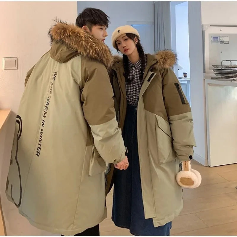 Unisex Winterparka mit Kapuze und Fellimitatbesatz – Zweifarbig, Langer Schnitt