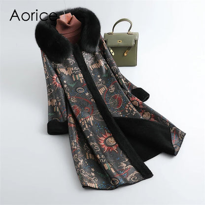 Damen Mantel mit Pelzkragen, gemustert, lang, warmer Winterparka