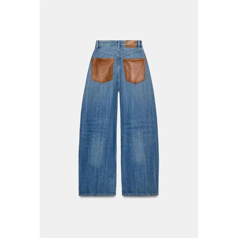 Jeans Wide Leg Blau mit braunen Taschen am Gesäß