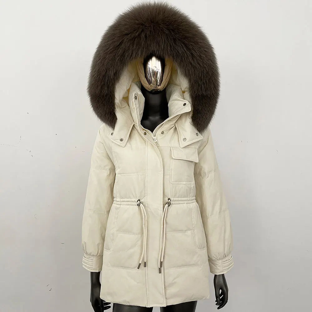 Damen Winter Parka mit Kapuze und Fellkragen Tunnelzug Weiß