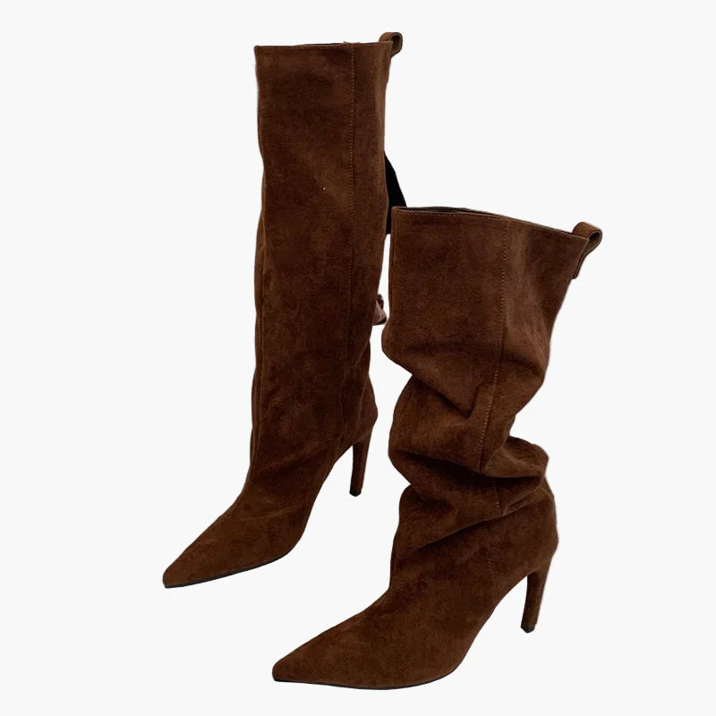 Damen Stiefel mit hohem Absatz und spitzer Zehenpartie – Modische Slouchy Boots für Herbst und Winter