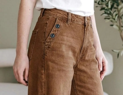 Damen Wide Leg Hose Braun mit hoher Taille und Knöpfen