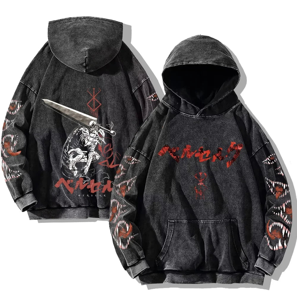 Oversized Kapuzenpullover Dunkelgrau mit Front- und Rückenprint und Ärmelprints