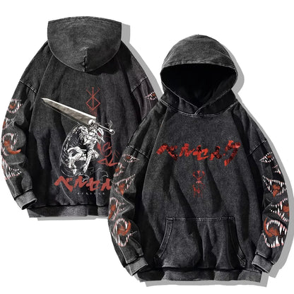 Oversized Kapuzenpullover Dunkelgrau mit Front- und Rückenprint und Ärmelprints