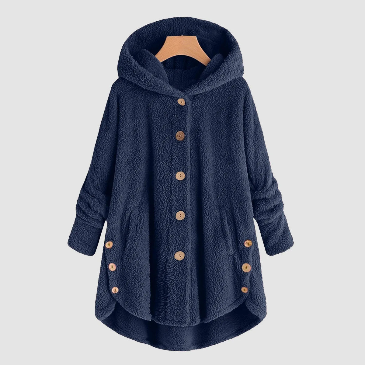 Damen Kuschelige Kapuzenjacke aus Fleece mit Holzknöpfen