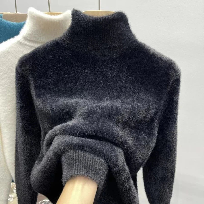 Damen Rollkragenpullover Plüsch Langarm Strickpullover Fluffy Winterpullover