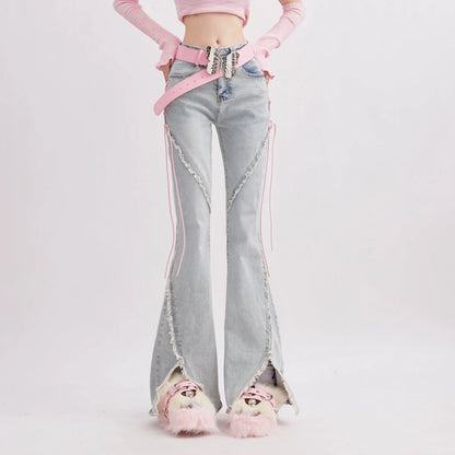 Damen Schlaghose Jeans hellblau mit Schnürdetails und weitem Bein