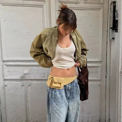 Damen Cropped Bomberjacke Kurz Khaki Reißverschluss Übergangsjacke