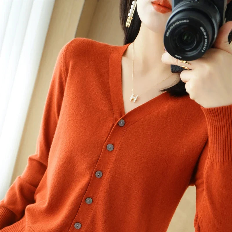 Damen Cardigan V-Ausschnitt Langarm Strickjacke mit Knöpfen