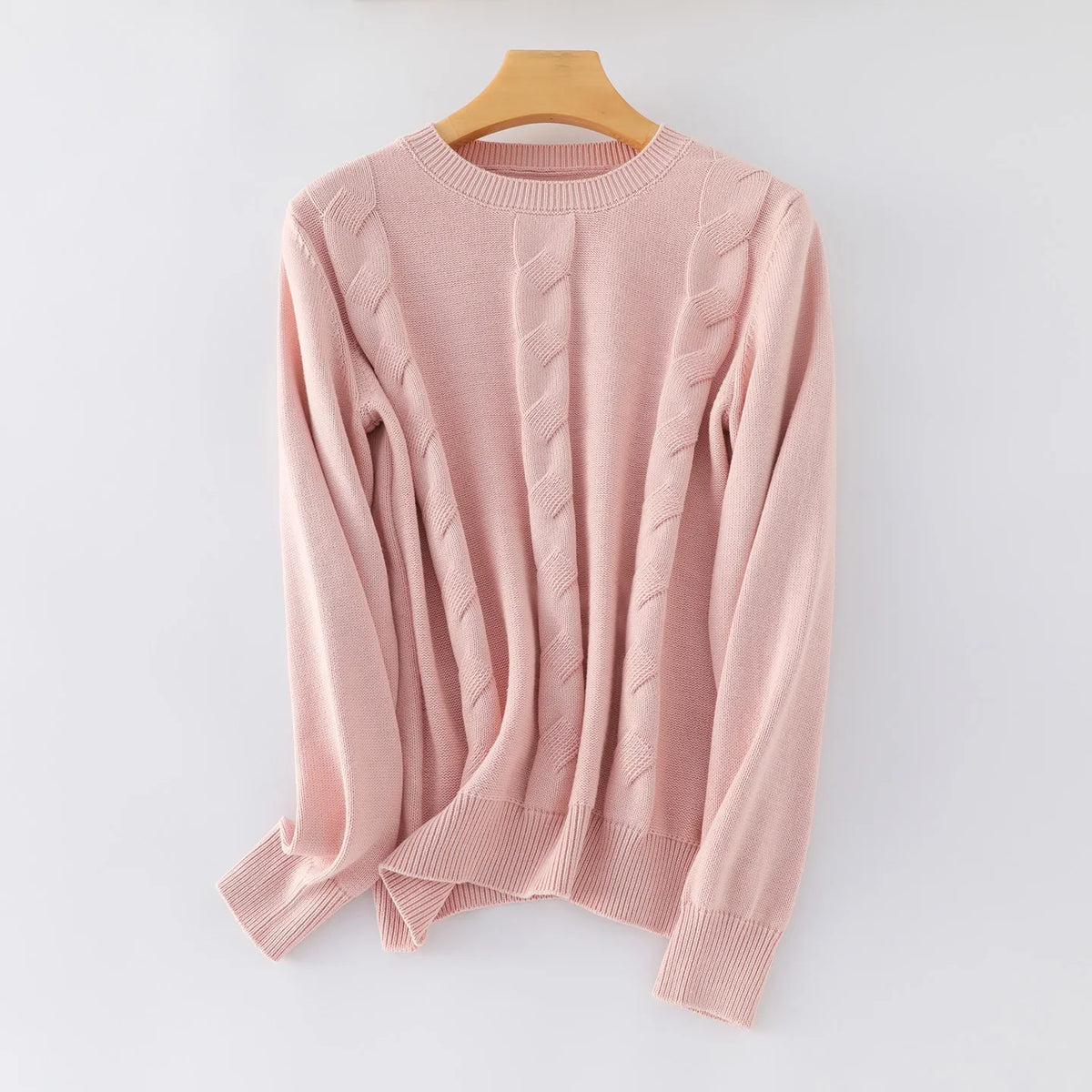 Damen Strickpullover Rundhals mit Zopfmuster Rosa