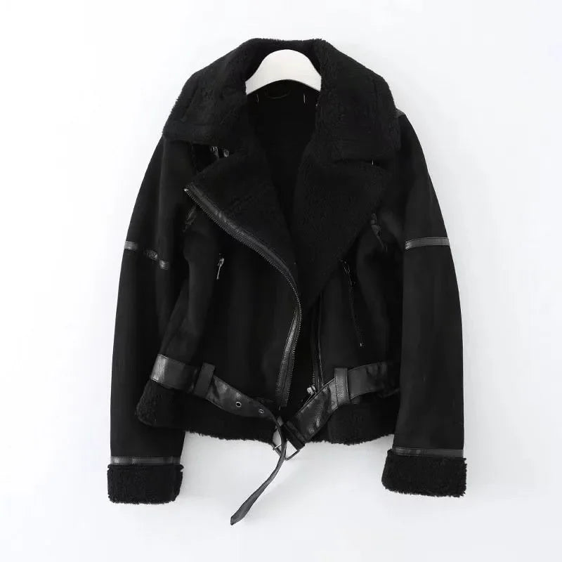 Kurze Bikerjacke mit Reißverschluss und Kunstfellfutter – Damen Fliegerjacke
