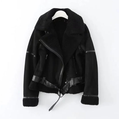 Kurze Bikerjacke mit Reißverschluss und Kunstfellfutter – Damen Fliegerjacke