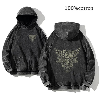 Unisex Kapuzenpullover Grau verwaschen mit Band-Print Vorn & Hinten