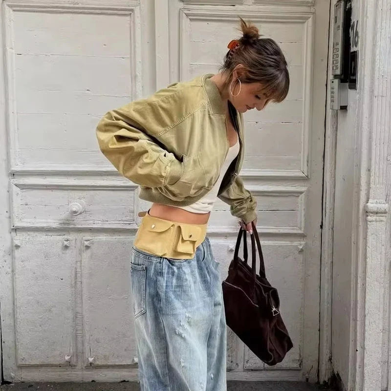 Damen Cropped Bomberjacke Kurz Khaki Reißverschluss Übergangsjacke