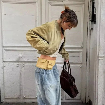 Damen Cropped Bomberjacke Kurz Khaki Reißverschluss Übergangsjacke