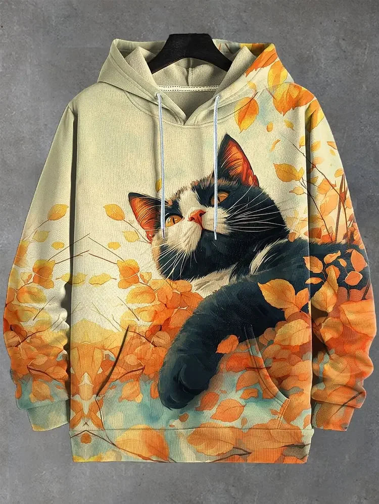 Hoodie mit Katzen-Print Kampfkunst-Motiv Beige Unisex Kapuzenpullover Kängurutasche