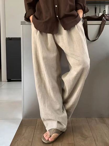 Unisex Leinenhose Weites Bein Beige Elastischer Bund