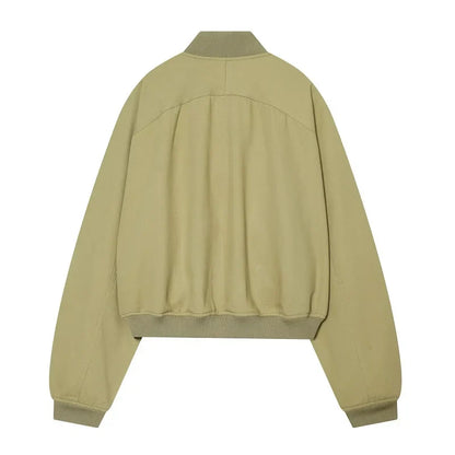 Damen Cropped Bomberjacke Kurz Khaki Reißverschluss Übergangsjacke