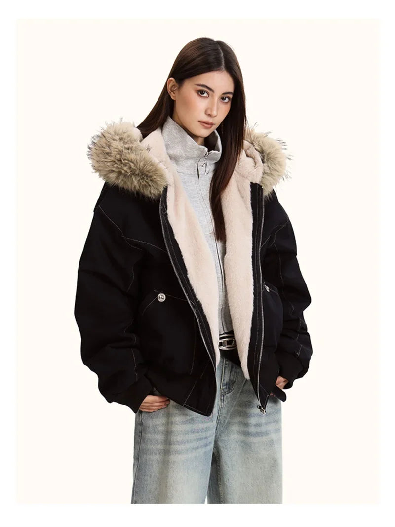 Damen Bomberjacke mit Kapuze und Fellimitat Futter - Warm Gefütterte Winterjacke