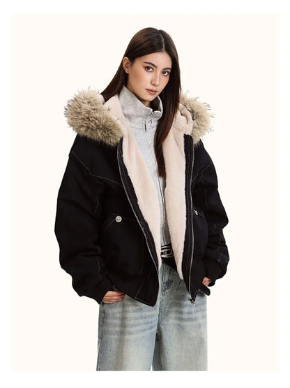 Damen Bomberjacke mit Kapuze und Fellimitat Futter - Warm Gefütterte Winterjacke