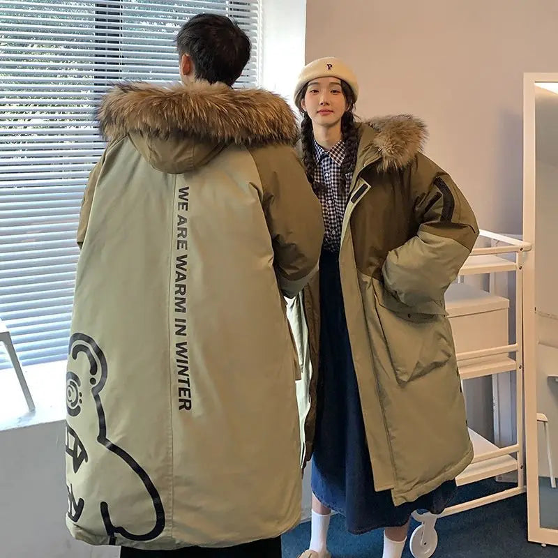 Unisex Winterparka mit Kapuze und Fellimitatbesatz – Zweifarbig, Langer Schnitt
