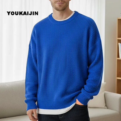 Herren Strickpullover Rundhals Weit Geschnitten Gerippte Bündchen