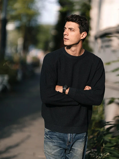 Gerippter Pullover für Herren, Rundhals, Langarm, Blau