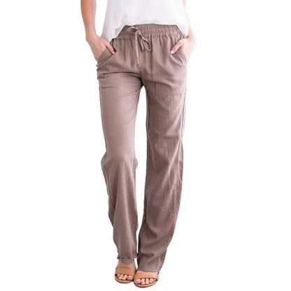 Damen Freizeithose mit weitem Bein und Kordelzug, Leinen-Look, Elastischer Bund