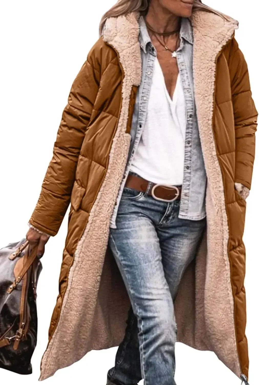 Damen Steppmantel Lang Winter Daunen-Optik mit Teddyfutter Kapuze