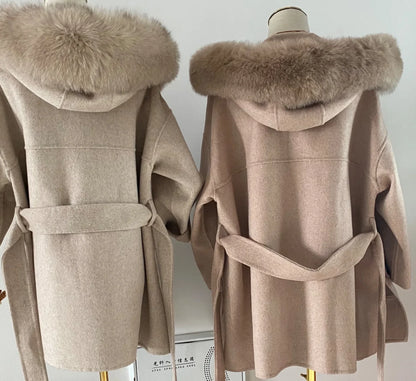 Damen Kurzmantel mit Kapuze und Fellbesatz Bindegürtel & großen Taschen