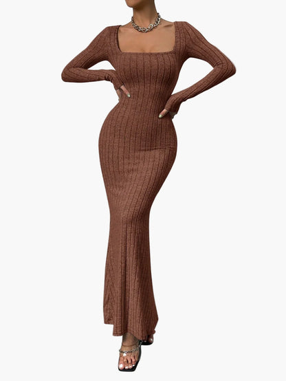 Damen Strick Maxikleid mit Quadrat-Ausschnitt – Elegantes Bodycon Abendkleid