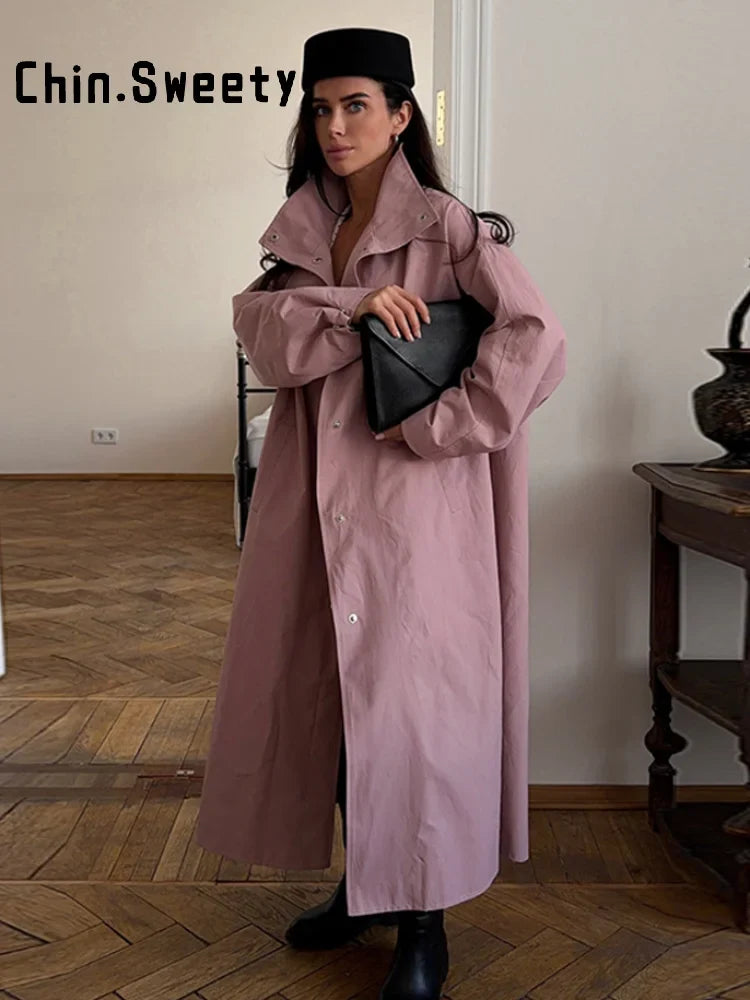 Damen Langer Mantel Übergroßer Trenchcoat mit Stehkragen und weiten Ärmeln