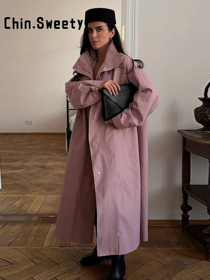 Damen Langer Mantel Übergroßer Trenchcoat mit Stehkragen und weiten Ärmeln