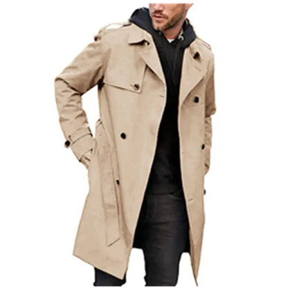 Herren Trenchcoat Doppelreihig Revers Langarm Gürtel Knöpfe