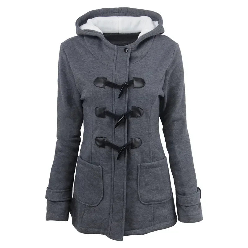 Damen Dufflecoat Jacke mit Kapuze und Knebelverschlüssen, warm gefüttert