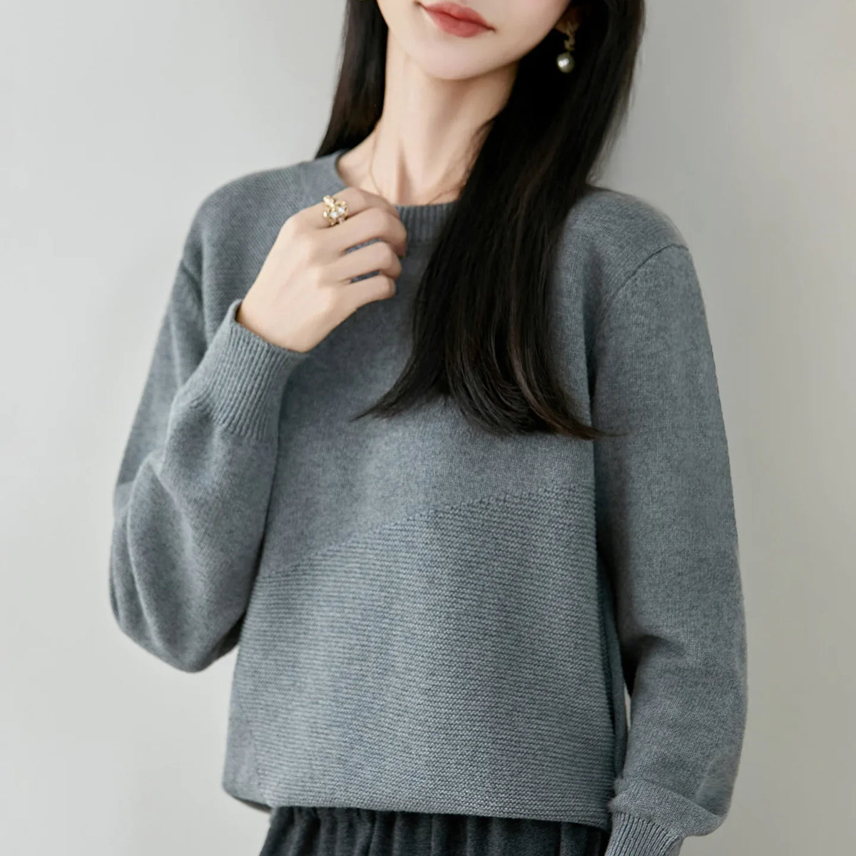 Damen Pullover Rundhals Langarm Strickpullover mit Textur