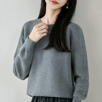 Damen Pullover Rundhals Langarm Strickpullover mit Textur