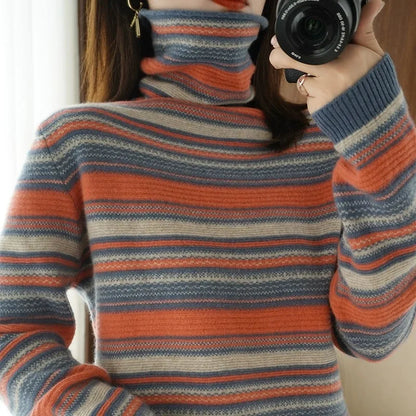 Damen Strickpullover mit Rollkragen – Modischer Streifenpullover für Herbst und Winter