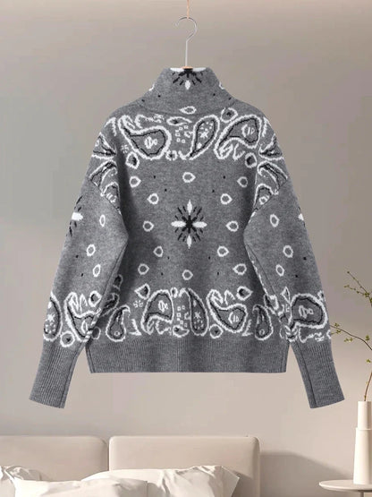 Damen Strickjacke mit Reißverschluss, Stehkragen & Bandana-Muster
