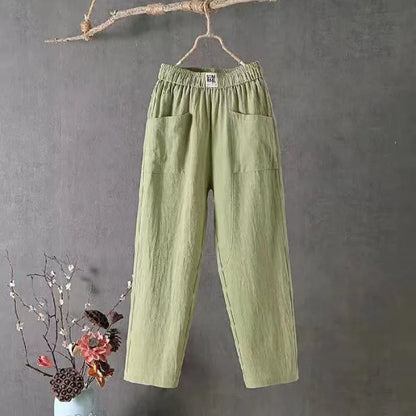 Damen Leinenhose Weites Bein Elastischer Bund Hoher Taille Mehrfarbig