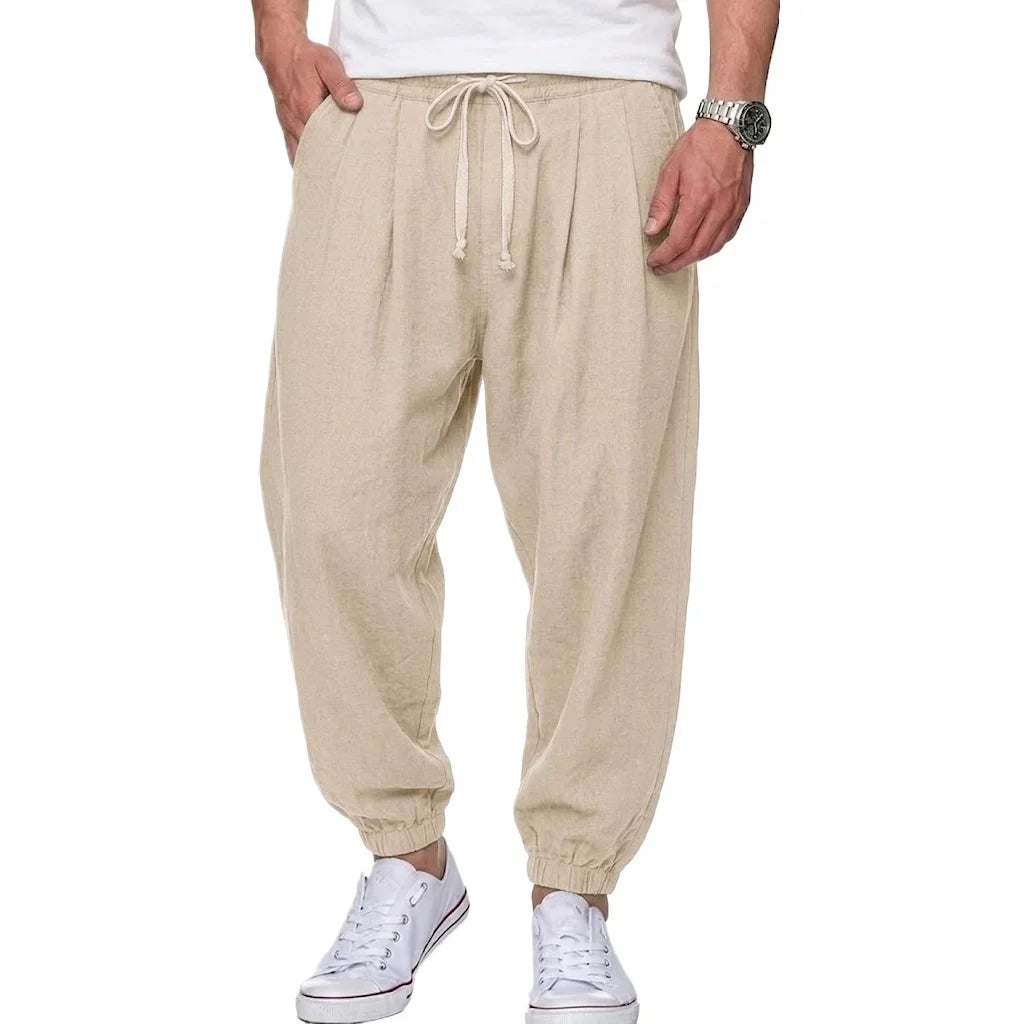Freizeithose Herren Leinen-Optik Kordelzug lockere Passform Elastikbund